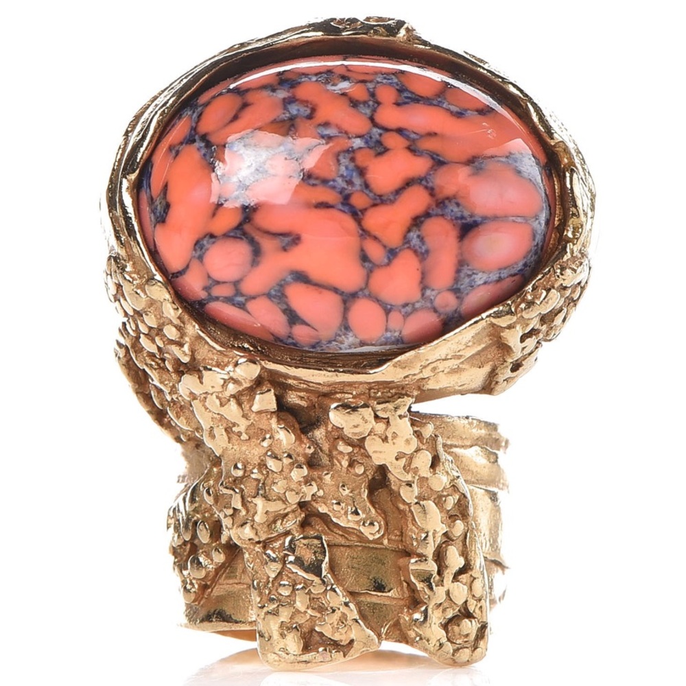YSL Glass Cabochon Arty Ovale Gold Coral Sz 4